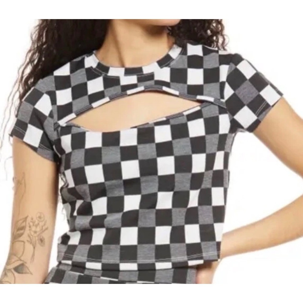 BP Black and White Checkered Cutout Short Sleeve Crop Top size 3X NWT